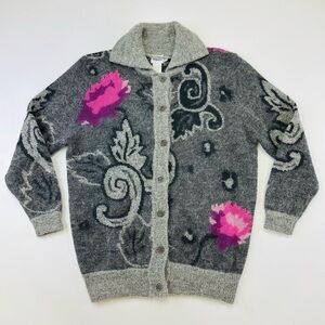 Vintage 90s mohair cardigan Womens Large abstract floral grey pink
